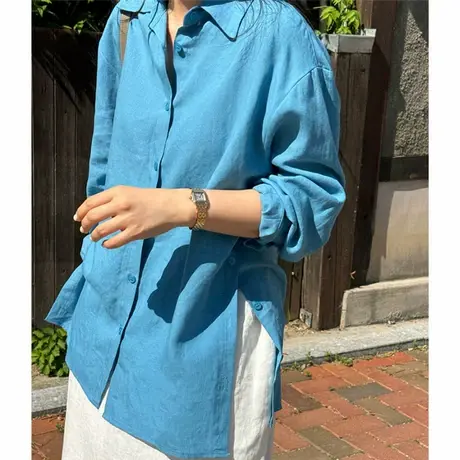 纯诗曼新款中长款宽松简约长袖棉麻衬衫女大码BF休闲亚麻衬衣外搭商品大图