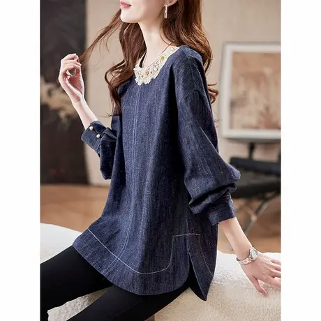宝诗黎圆领钉钻拼接牛仔卫衣2025春季韩系简约洋气宽松百搭女装商品大图