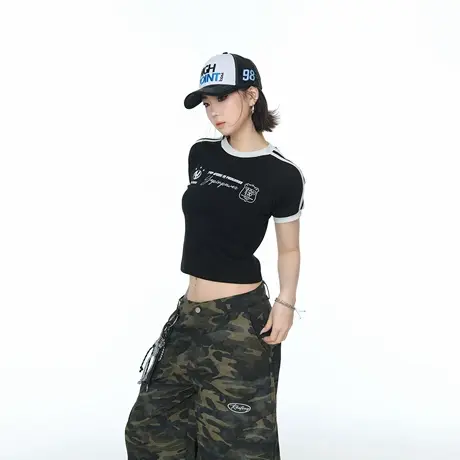 2025夏季新款潮牌短款圆领印花短袖T恤女辣妹风修身显瘦半袖上衣商品大图