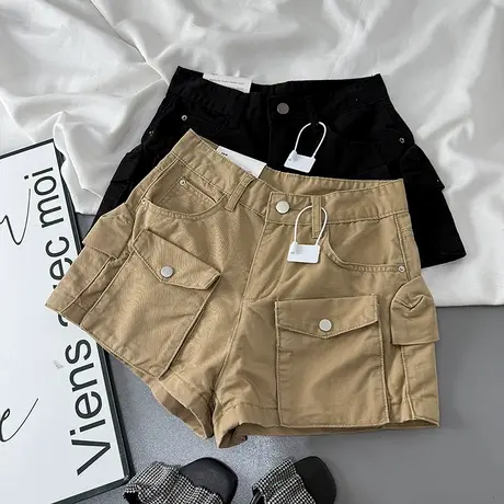 美式工装口袋牛仔短裤女2025年夏季新款宽松百搭阔腿辣妹a字热裤图片