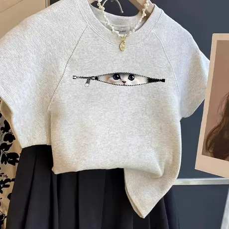 美式纯棉正肩t恤女短袖夏季设计感小众修身独特别致上衣2025新款商品大图