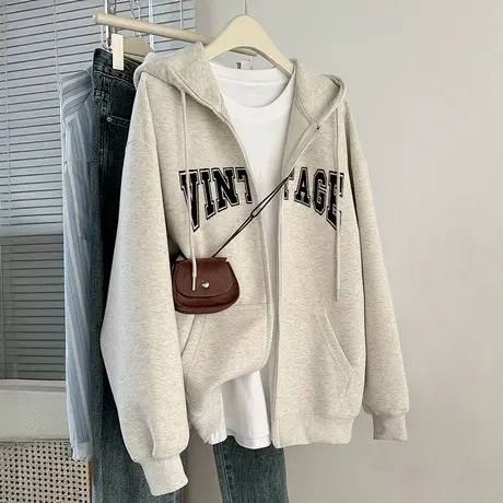 秋冬加绒连帽卫衣开衫女大码宽松oversize韩系慵懒风运动外套上衣商品大图