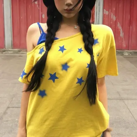 美式辣妹吊带斜肩假两件短袖T恤女夏季宽松韩版设计感小众上衣潮图片