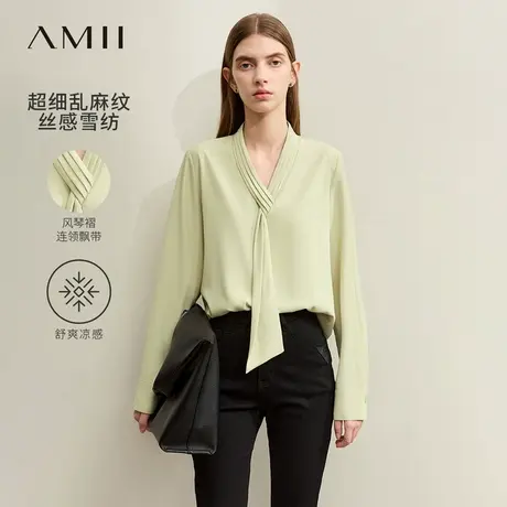 Amii极简雪纺衫女2025夏新款通勤风小衫百褶V领飘带长袖直筒上衣商品大图