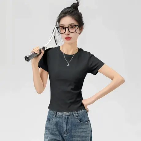 KWV真维斯黑色修身正肩上衣女夏短袖女t恤2025新款夏日ootd穿搭图片