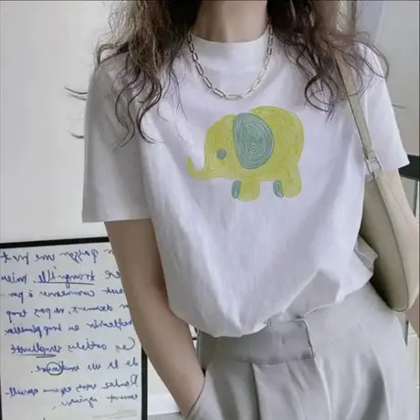 白色半高领时尚短袖t恤女正肩设计感印花洋气半袖宽松上衣夏季潮商品大图