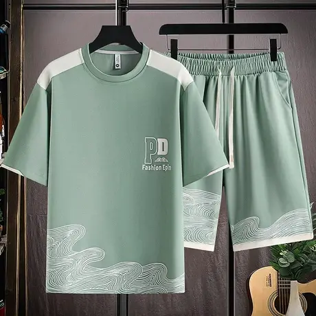 短袖短裤套装男士夏季新款潮流时尚百搭休闲运动印花冰丝两件套潮图片