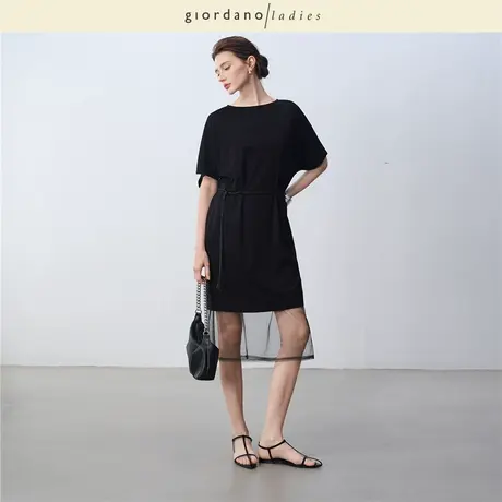 GL2025夏季新款裙子女后幅针织缎带点缀宽松短袖连衣裙女02465035商品大图