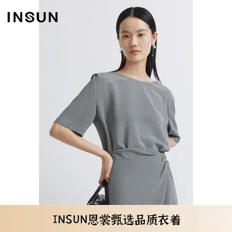 INSUN恩裳夏季细格纹个性后领口链条凉爽T恤图片