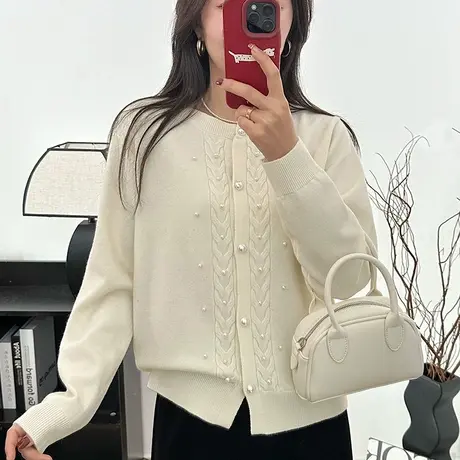 2024春装新款圆领钉珠针织开衫外套女春秋季小香风毛衣宽松外穿女商品大图