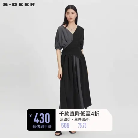 sdeer圣迪奥女装V领撞色泡泡袖雪纺连衣裙S232Z12M8图片