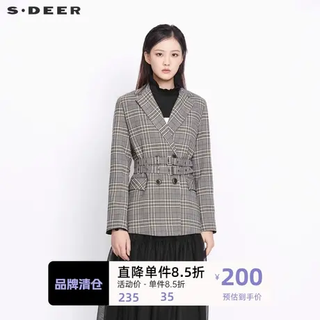 sdeer圣迪奥女装休闲平驳领双排扣格纹收腰西装外套S21362212图片