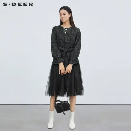 【直播间专属】sdeer圣迪奥圆领格纹收腰网纱长袖连衣裙S223Z12CX图片