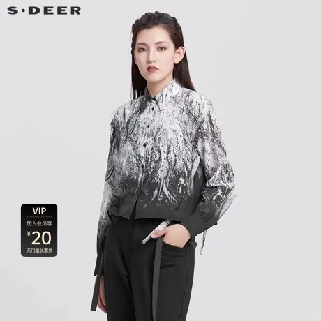 S·DEER圣迪奥女装文艺水墨晕染抽绳长袖衬衫S22280504图片