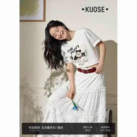 阔色白色宽松短袖T恤女2025夏季新款圆领可爱小狗正肩字母上衣图片