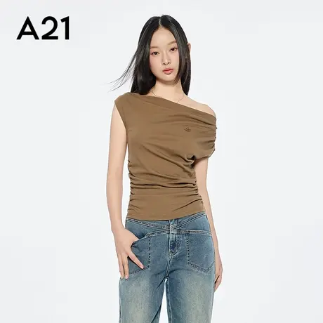A21女装啡绿一字领露肩T恤简约修身显瘦短袖薄款上衣纯欲辣妹商品大图