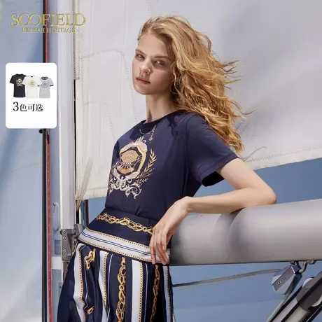Scofield女装奢雅印花短袖T恤设计感链条装饰上衣夏季短袖T恤图片