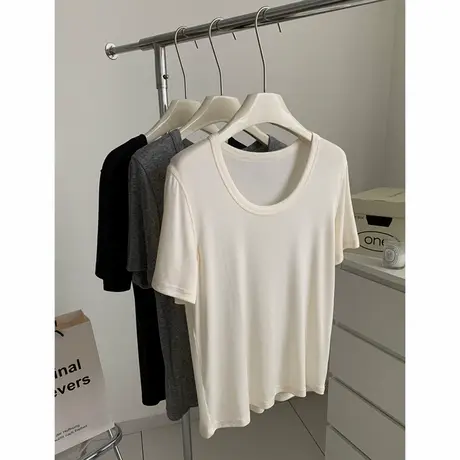 天丝羊毛U领T恤女士轻薄垂感慵懒显瘦纯色正肩短袖夏季2025年新款图片