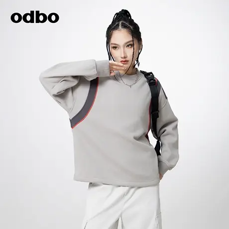 odbo/欧迪比欧原创设计感时尚气质撞色圆领长袖T恤女秋冬宽松上衣图片