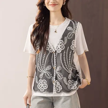 短袖t恤女夏季新款中年妈妈假两件百搭休闲遮肚子宽松加大码体恤图片