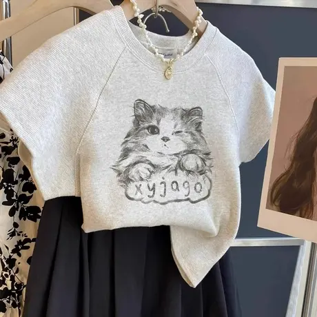 洋气修身短袖小上衣女款2025新款重磅纯棉小猫印花短款t恤衫夏季商品大图