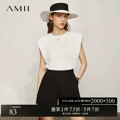 Amii2025夏新款简洁复古圆领垫肩T恤女宽松冰瓷棉弹力纯色上衣图片