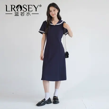 蓝若水大码女装2025夏季新品减龄海军领连衣裙胖MM学院风收腰长裙商品大图