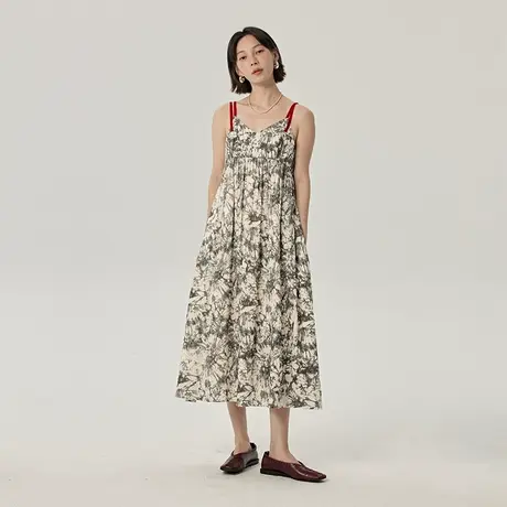 omont蛋挞家 假两件吊带连衣裙夏季新款复古印花中长裙子商品大图