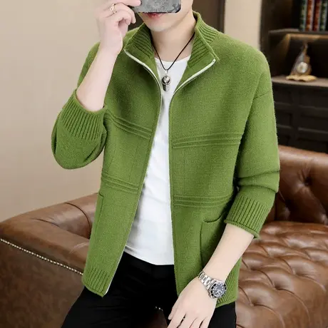 双拉链立领针织开衫毛衣男士春秋季高级感潮流夹克痞帅气时尚外套图片