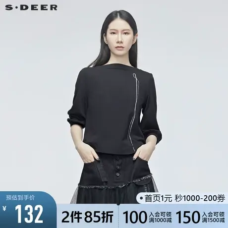 sdeer圣迪奥春秋宽松一字领垂坠休闲中袖黑色棉质T恤女S20180221🛥商品大图