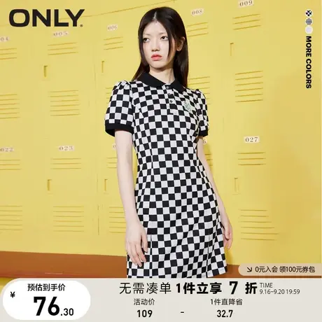 【买5免1】ONLY奥莱夏季短刺绣棋盘格短袖泡泡袖POLO连衣裙女商品大图