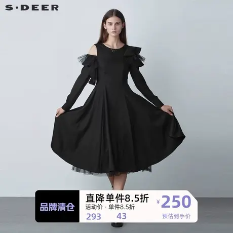 sdeer圣迪奥女装圆领网纱露肩不规则连衣裙S221Z1273商品大图