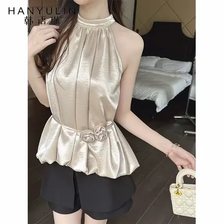 韩语琳 法式高级感缎面无袖挂脖上衣女2025夏季名媛气质收腰衬衫商品大图