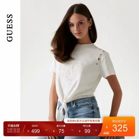 GUESS25年新款夏季女士镂空刺绣设计百搭系带短袖T恤-W5GI18I3Z14图片