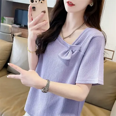 设计感小众短袖t恤女2024新款夏季韩版宽松百搭学生蝴蝶结上衣服商品大图