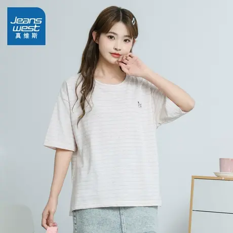 G8真维斯女款2025夏季新款条纹简约时髦慵懒风潮女装宽松短袖T恤图片