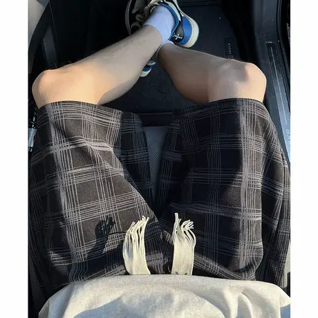 短裤男夏季2025新款美式休闲格子运动裤大码宽松潮牌直筒五分裤子图片