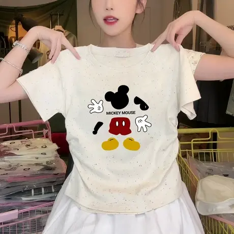 圆领正肩褶皱收腰短袖t恤女2025夏季新款洋气甜妹风彩虹波点上衣商品大图