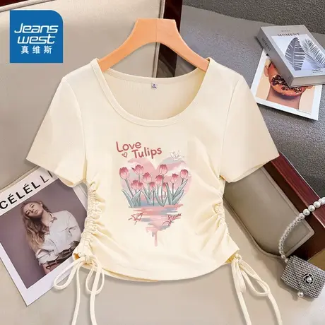 KMV真维斯杏色抽绳u领短袖女t恤夏季2025新款超好看掐腰短款体恤商品大图