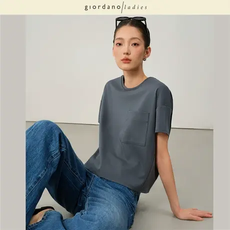 GL2025夏季新款短袖T恤女纯色纯棉t恤衫口袋圆领宽松上衣02325046图片