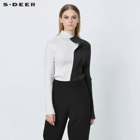 sdeer圣迪奥女装春秋装高领撞色拼接修身长袖针织衫女S21383515图片