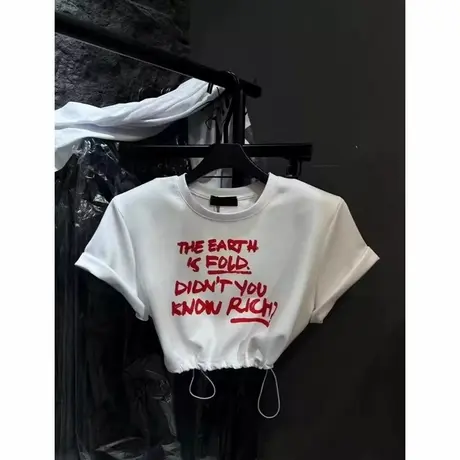 韩国东大门夏季新款高腰美式字母印花抽绳收腰短款垫肩短袖T恤女商品大图