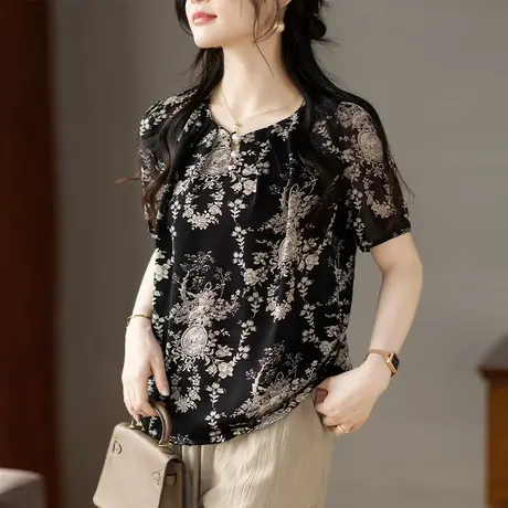 雪纺衫女短袖夏季薄款宽松中年妈妈洋气高级感碎花加大码小衫上衣商品大图