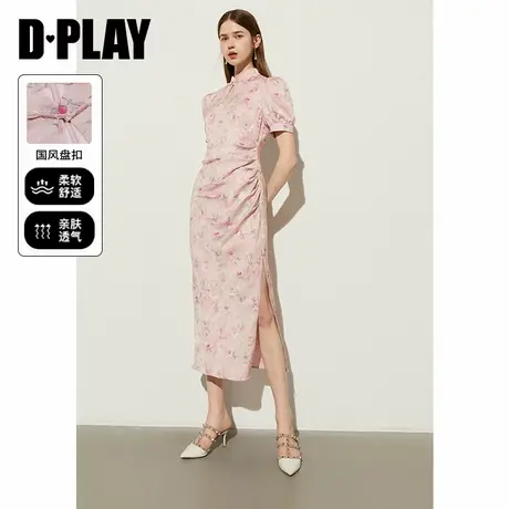 DPLAY夏季新款新中式粉色印花盘扣泡泡袖侧开衩连衣裙商品大图