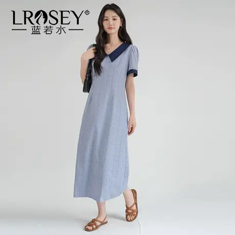 蓝若水大码女装2025夏季新品撞色翻领格子长裙胖MM复古高腰连衣裙商品大图