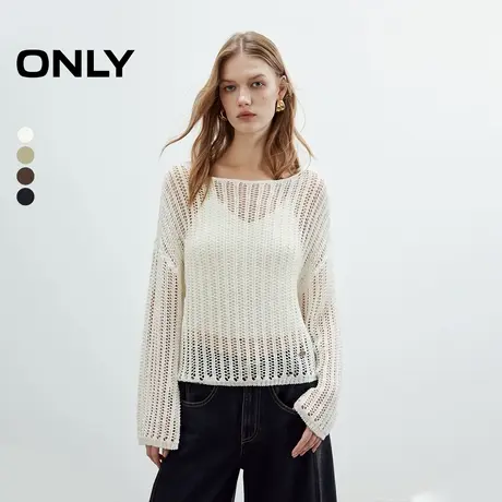 ONLY2025秋季新款清凉松弛落肩长袖宽松镂空纯色罩衫针织衫女商品大图