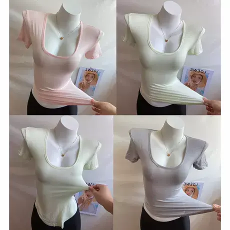 性感纯欲风微透紧身显胸上衣U领弧形下摆不规则收腰显瘦短袖T恤薄图片