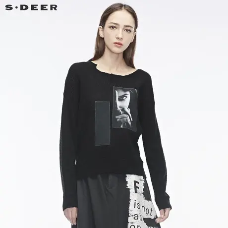 sdeer 🥟圣迪奥毛边剪裁效果个性人像图案装饰时尚针织衫S18483528商品大图