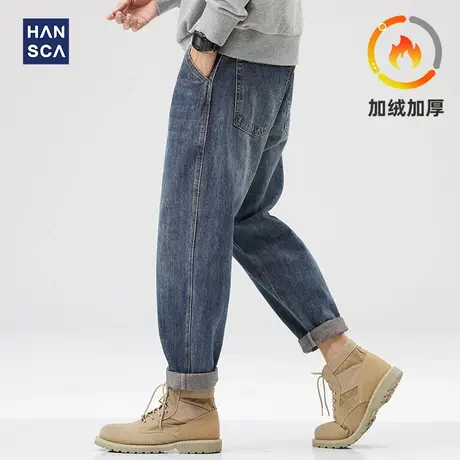 hansca深蓝色锥形牛仔裤潮牌复古2025年春夏美式宽松直筒加绒长裤商品大图