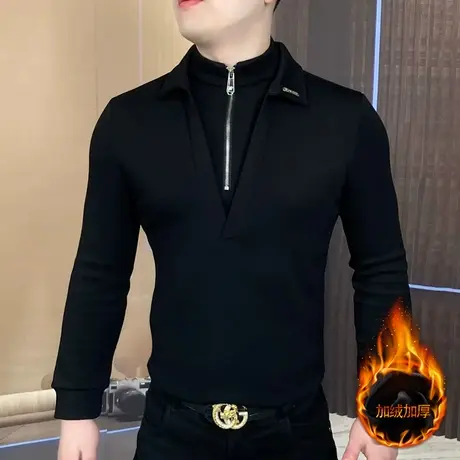 2025冬季新款欧货男士加绒加厚拉链立领假两件双领时尚长袖T恤衫商品大图